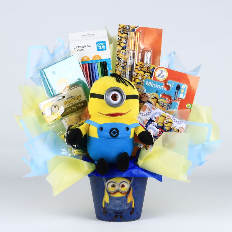 regalo para niño, gomas, Cuaderno, Peluche Minion, lápices, regreso a clases, entrega a domicilio, sorpresas a domicilio, regalo con entrega en Puebla, Fiorence