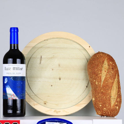 Gourmet Gift with Cheese Board, Red Wine and More