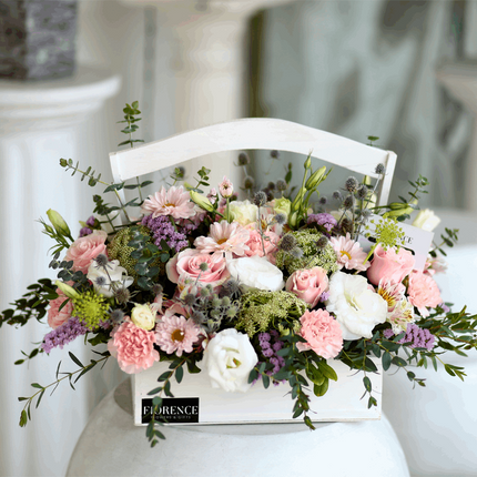 Flores, detalles en canasta, fiorence, Puebla, envío de flores a domicilio, floreria en puebla servicio a domicilio, arreglos de cumpleaños, mandar flores puebla, cumpleaños, mujer