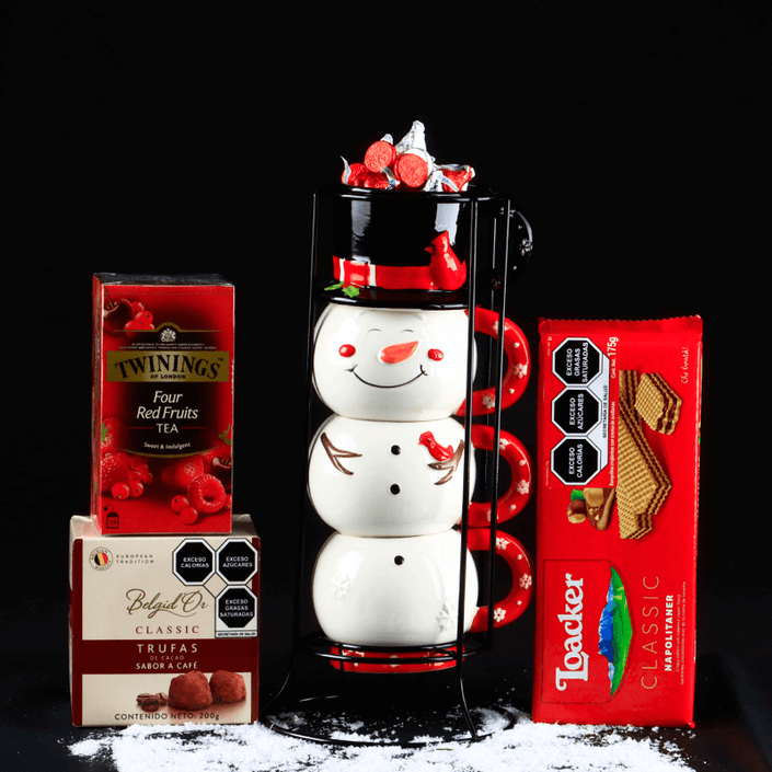 Christmas Mug Tower with Chocolates, Cookies and Tea