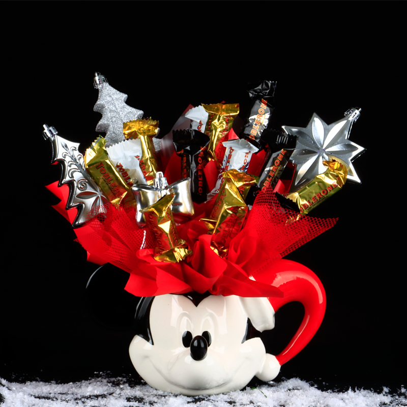 Candy Bouquet en Taza con figura de Minnie o Mickey Mouse Navideños