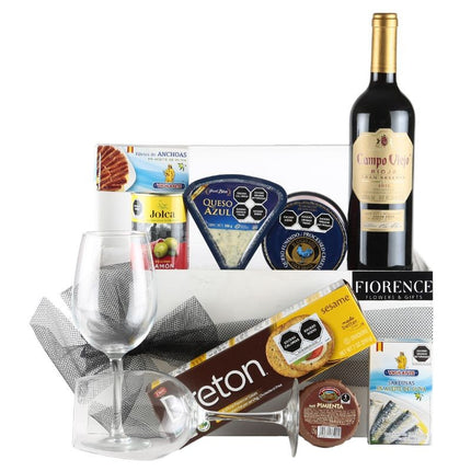 Regalo con Vino Tinto y Variedad de Productos Gourmet